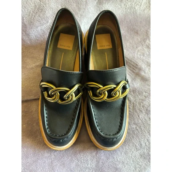 Dolce Vita Women Black Leather Chain Link Platform Wedge Loafers Size 6.5 - Picture 8 of 8